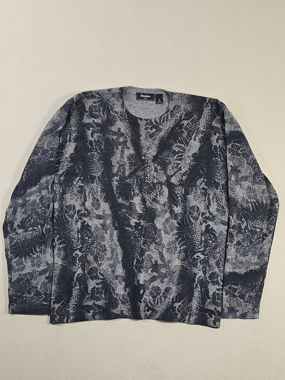 Neiman Marcus Gray and Black Floral-Pattern Crewneck Sweater